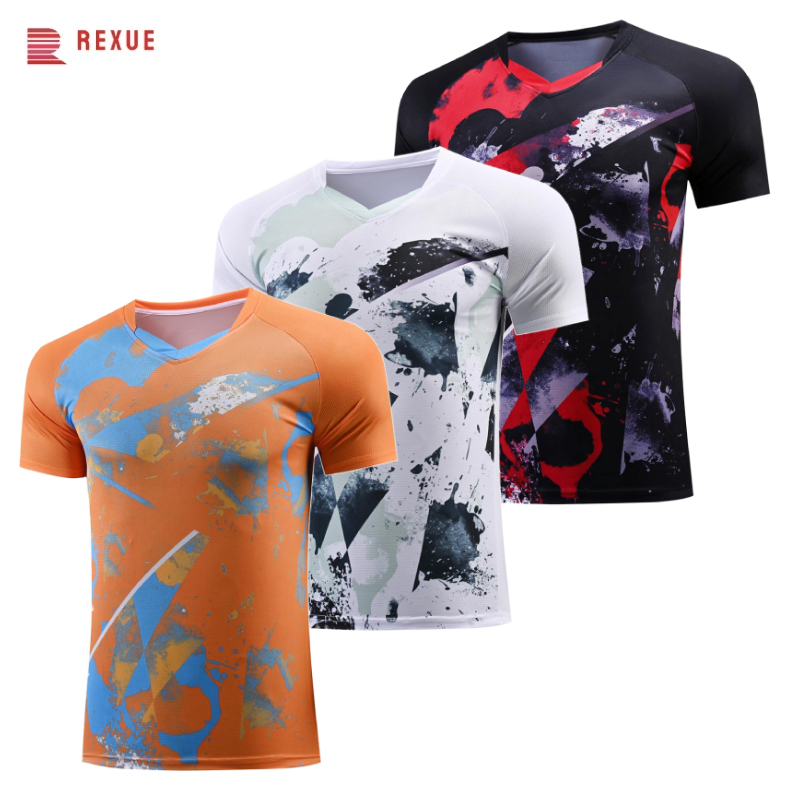 Badminton Jersey - เสื้อปิงปองคอวีสำหรับผู้ชายและผู้หญิง – เสื้อยืดกีฬาปิงปองแห้งเร็ว ระบายอากาศได้ดี เสื้อยืดแขนสั้นสำหรับฝึกซ้อม เสื้อเทนนิส