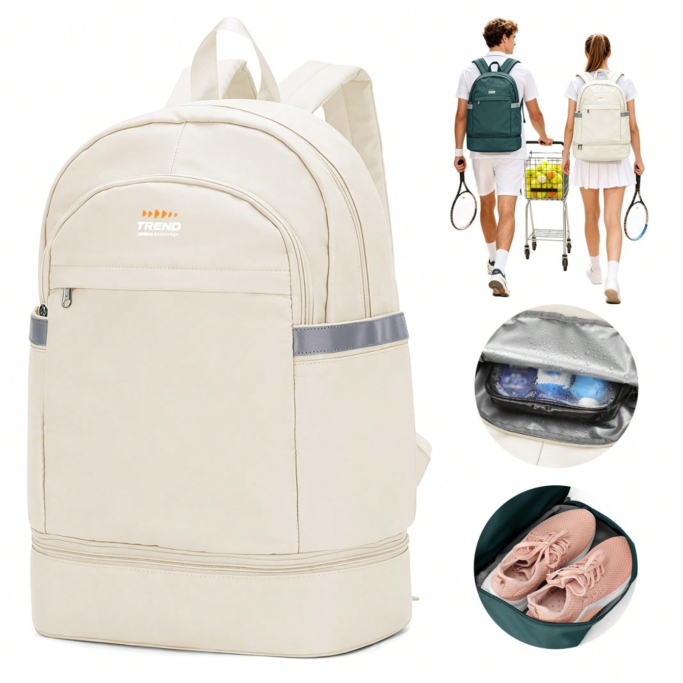 Badminton Bag - กระเป๋าเป้สะพายหลังผู้หญิงแบบลำลอง, กระเป๋าเป้กีฬาแบบมินิมอล, กระเป๋าเป้ขนาดเล็กสำหรับเทนนิสและแบดมินตันที่ทันสมัย, กระเป๋าเป้พกพาน้ำหนักเบาสำหรับการเดินทาง, กระเป๋าเป้เดินทางกันน้ำความจุขนาดใหญ่, ช่องเก็บรองเท้าแยกต่างหาก,
